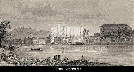 Vista panoramica di Linz e del Danubio, Austria Europa. Antica illustrazione incisa del 19 ° secolo, le Tour du Monde 1863 Foto Stock