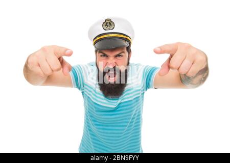 Ehi. Spirito marinaio. Telecamera a marinaio con bearded isolata su bianco. Marinaio o marinaio con barba lunga e baffi. Lavorare come marinaio. Marinaio professionista. Marina e marina. Concetto di avventure in mare. Foto Stock