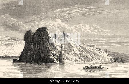 Castello di Theben, alla confluenza del Danubio e dei fiumi Morava, una parte di Bratislava, la capitale della Slovacchia, l'Europa. Antica illustrazione incisa del 19 ° secolo, le Tour du Monde 1863 Foto Stock