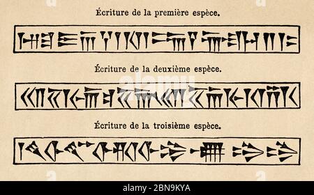 Antico cuneiforme assiro o sumerian inscripton. Antica illustrazione incisa del 19 ° secolo, le Tour du Monde 1863 Foto Stock