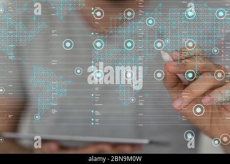 Un punto, una linea, una composizione della mappa mondiale, che rappresenta il globale, Foto Stock