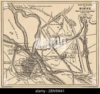 Mappa delle rovine di Ninive. Antica illustrazione incisa del 19 ° secolo, le Tour du Monde 1863 Foto Stock