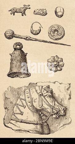 Dettagli di ornamenti e testa di cavallo nel museo assiro del Louvre bassorilievo, Parigi. Francia Europa. Antica illustrazione incisa del 19 ° secolo, le Tour du Monde 1863 Foto Stock