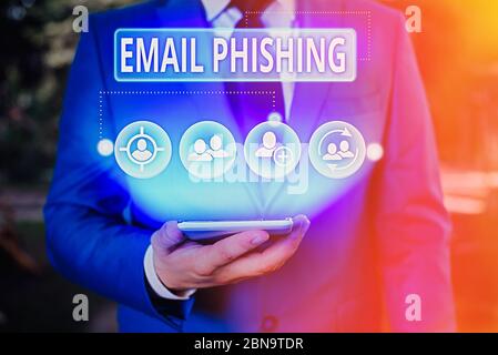 Nota di scrittura che mostra la funzione di phishing tramite e-mail. Concetto aziendale per e-mail che possono collegarsi a siti Web che distribuiscono malware Foto Stock