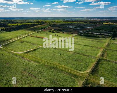 Sovragregate di fanghi naturali per il trattamento delle acque reflue, vista aerea Foto Stock