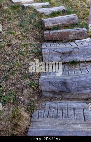 scalinata in tronchi di quercia lungo un sentiero alpino Foto Stock