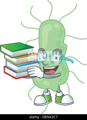 Un mascotte di salmonella studente con libri Illustrazione Vettoriale