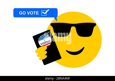 Cool Go Vota Emoji con occhiali da sole, telefono e ho votato pin, elezioni USA, giovane, concetto di votante millenario. Foto Stock