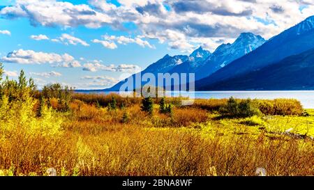 Tramonto su paesaggi autunnali, la catena montuosa di Teton e il lago Jackson nel Grand Teton National Park, Wyoming, Stati Uniti Foto Stock