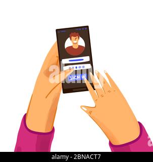 Concetto di vettore di mano con il telefono con l'utente, il sito di accesso o l'applicazione. Schermata di accesso su uno smartphone con mani uomo o donna, isolata in bianco Illustrazione Vettoriale