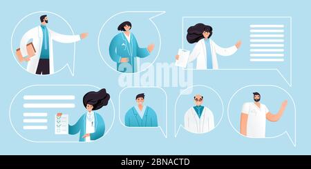Immagine piatta vettoriale di una squadra di mediche professionali con gesti di puntamento nelle bolle vocali. Set di personaggi del medico cartoon - uomo, donna, infermieri e. Illustrazione Vettoriale