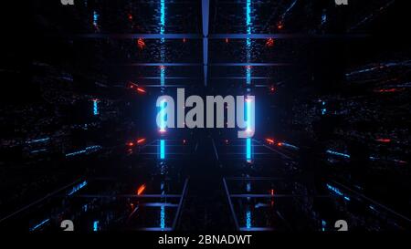 Rendering 3D di un corridoio rettangolare costituito da blu e luci rosse Foto Stock