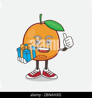 Un'illustrazione del carattere mascotte del cartone animato Navel Orange con regalo Illustrazione Vettoriale