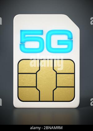 Scheda SIM 5g su sfondo grigio. Illustrazione 3D. Foto Stock