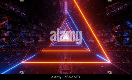 Sfondo futuristico con luci al neon colorate e brillanti nella forma di un triangolo Foto Stock