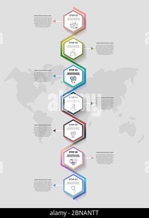 Infografiche aziendali vettoriali. Linea temporale moderna con 7 esagoni, frecce. Utilizzato per il web design, la pubblicità di marketing, il layout del flusso di lavoro, il report annuale Illustrazione Vettoriale