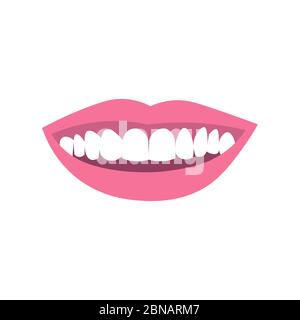 Labbra sorridenti con denti. L'illustrazione vettoriale colorata piatta su sfondo bianco può essere utilizzata in biglietti d'auguri, poster, volantini, striscioni, promozioni, de Illustrazione Vettoriale