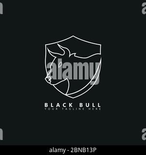 Questa è una foto di un toro dietro il quale c'è un'immagine di uno scudo. Questa immagine è adatta per i loghi aziendali sull'allevamento animale. Illustrazione Vettoriale