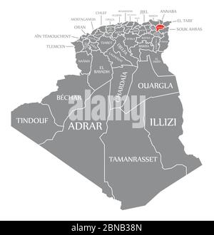 Guelma rosso evidenziato sulla mappa dell'Algeria Illustrazione Vettoriale