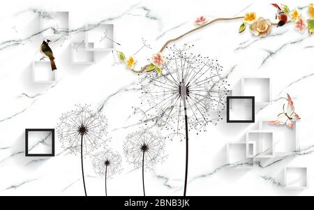 Design 3D per sfondi con fiori per sfondo fotomurale per la progettazione di sfondi per la casa Foto Stock