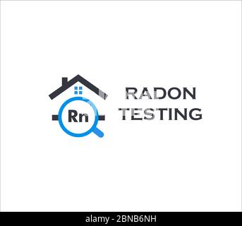 Logo del servizio di test Home radon. Kit di primo allarme inquinamento RN, logotipo di correzione. Vettore della società di rilevamento di elementi chimici velenosi pericolosi Illustrazione Vettoriale