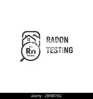 Logotipo del kit di primo allarme per test radon. Logo del servizio di riparazione rn di casa. Elemento chimico velenoso, icona di prevenzione della diffusione di gas. Bianco e nero Illustrazione Vettoriale