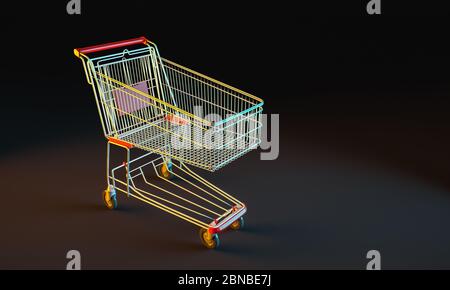 carrello vuoto, sfondo nero. concetto di shopping online. rendering 3d. nessuno intorno. Foto Stock