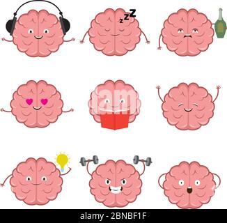 Cervello divertente, forte, sano e intelligente. Brains emozioni vettore cartoni animati set di caratteri. Illustrazione di cervello divertente, intelligente e ubriaco intelletto Illustrazione Vettoriale