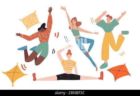 Gruppo di amici festeggia la vacanza facendo una festa di notte con i cuscini. Saltano, ballano e fanno yoga con una grande gioia. Piatto colorato v Illustrazione Vettoriale