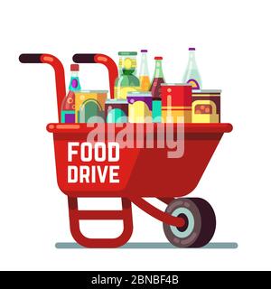 Food Drive banca di ringraziamento e dono natale concetto vettore vacanza. Carriola con conserve e bevande. Illustrazione di bevanda e salsa, preoccupazione e prodotti in scatola Illustrazione Vettoriale