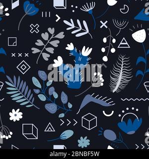 Set di diversi tipi di foglie esotiche tropicali, piante e fiori senza cuciture con figure geometriche a forma di doodle su sfondo nero. Raccolta di comple Illustrazione Vettoriale