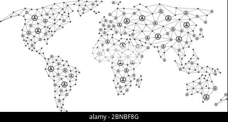 Social network globale per le persone. Concetto vettoriale di comunicazione digitale aziendale con globo 3d. Connessione Internet sociale, illustrazione globale di connessione alla rete Illustrazione Vettoriale