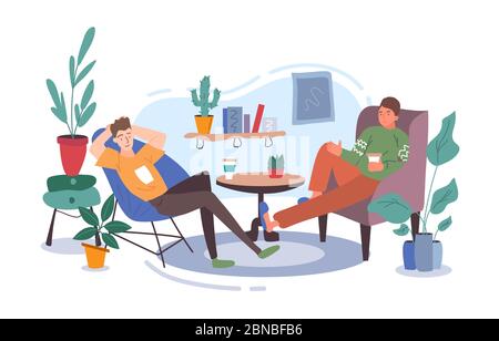 Due amici, studenti, lavoratori o colleghi seduti nella comoda sedia in ufficio o a casa, riposati dopo un lavoro o una pausa. Col. Vettore Illustrazione Vettoriale