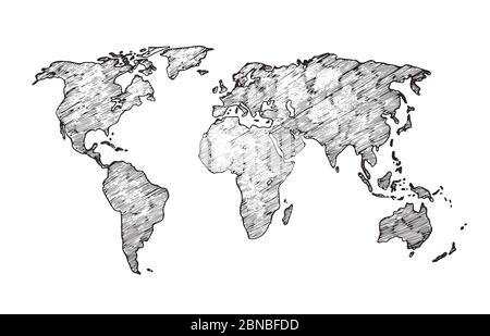 Schizzo della mappa mondiale. Disegni irregolari dei continenti della terra. Mappa vettoriale per le classi di scrimble isolata. Illustrazione della mappa mondiale del disegno, africa ed europa, america e asia Illustrazione Vettoriale