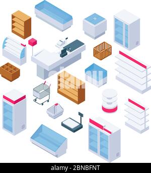 Mobili isometrici per negozi. Scaffali per supermercati, frigoriferi e attrezzature. elementi vettoriali interni per negozi 3d. Supermercato e negozio, negozio isometrico illustrazione degli interni Illustrazione Vettoriale