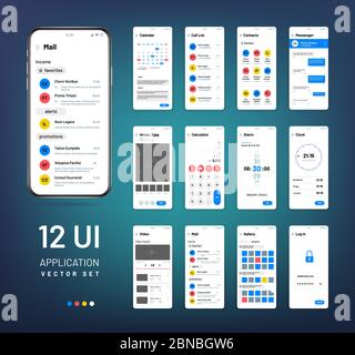 Reticolo dello schermo. Kit wireframe per app di interfaccia mobile. Modelli vettoriali UI. interfaccia utente dell'applicazione, meteo e orologio, e-mail e sveglia Illustrazione Vettoriale