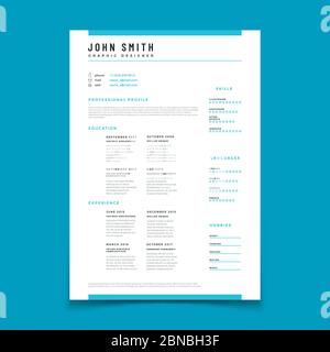 Profilo personale CV. Riprendere i dati della cronologia dei programmi di studio. Modello Web vettoriale di progettazione. Pagina personale cv con layout timeline e illustrazione del profilo dati Illustrazione Vettoriale