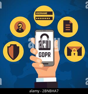 GDPR. Regolamento generale sulla protezione dei dati identità Internet concetto europeo di vettore d'impresa. Regolazione digitale informazioni, blocco e illustrazione della protezione Illustrazione Vettoriale