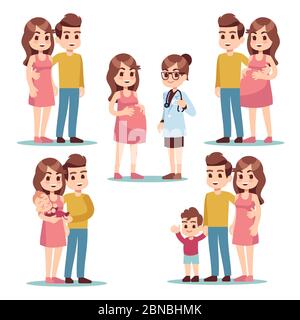 Buona gravidanza. Donna incinta mamma, padre uomo e sano bel neonato bambino. Set di caratteri vettoriali per cartoni animati di famiglia giovani. Illustrazione della gravidanza della madre, della mamma incinta, del padre con la madre del bambino Illustrazione Vettoriale