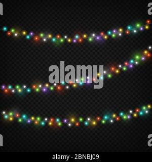 Colore luci garlands. Luci di Natale decorazione di festa con lampadina colorata. Insieme vettoriale di stringa di illuminazione realistico isolato. Garland xmas su corda, lampadina luce natale incandescente illustrazione Illustrazione Vettoriale