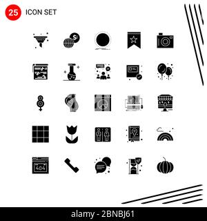 Simboli universali Gruppo di 25 Glifi solidi moderni di macchina fotografica, insegne, disco, decorazione, vinile elementi di disegno vettoriale editabili Illustrazione Vettoriale