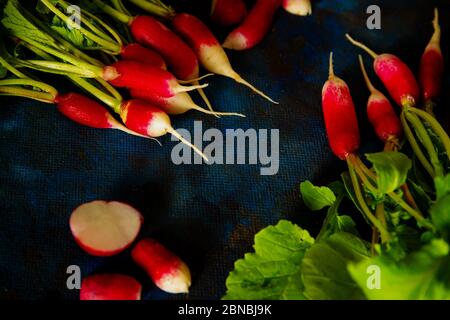 ravanello su sfondo blu disposto in gruppi Foto Stock