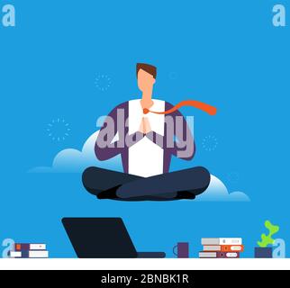 Uomo che fa yoga e meditazione. Uomo d'affari appeso in lotus posa sopra la scrivania dell'ufficio. Calmati ed evita lo stress nel concetto di vettore di lavoro. Posizione di concentrazione e meditating, illustrazione di yoga di affari Illustrazione Vettoriale