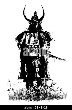 Samurai con spada - illustrazione vettoriale (ideale per la stampa su tessuto o carta, poster o carta da parati, decorazione di casa) Illustrazione Vettoriale