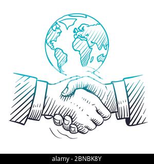 Stretta di mano. Concetto di business internazionale con handshaking e globo. Tracciare lo sfondo del vettore di leadership della partnership globale. Illustrazione del partner di rispetto e congratulazioni Illustrazione Vettoriale