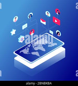 Rete sociale e mappa del mondo. Internet marketing, come e icone di messaggi. Concetto vettoriale isometrico di chat e comunicazione via Internet. Chat mobile, come icona 3d, tag app messaggio illustrazione sociale Illustrazione Vettoriale