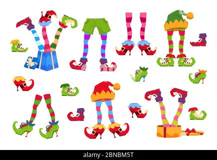 Piedi Elf. Piede elfi in scarpe e cappello. Zampa nana natalizia in pantaloni con babbo natale omaggi isolato vettore set. Stivali Elf, Natale a righe leprechaun piedi illustrazione Illustrazione Vettoriale