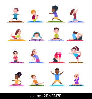 I bambini in yoga pose. Cartoon fitness bambini in yoga asana. Insieme isolato di caratteri vettoriali. Illustrazione della posa yoga di sport di idoneità per il bambino Illustrazione Vettoriale