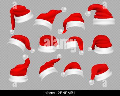 Grande set di cappelli da Santa realistici isolati su sfondo trasparente. Vettore babbo natale cappello collezione, cappello vacanza a illustrazione xmas Illustrazione Vettoriale