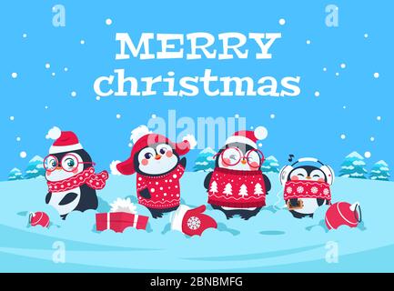 Carino pinguini cartoon. Natale pinguino bambini artici personaggi in neve paesaggio invernale. Buon biglietto vettore di auguri natalizi. Buon personaggio pinguino di natale, illustrazione del paesaggio innevato Illustrazione Vettoriale